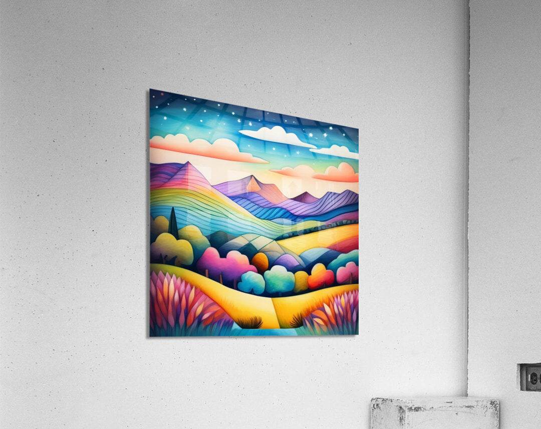 Rainbow landscape print with mountains, clouds, stars, and a colorful valley foreground