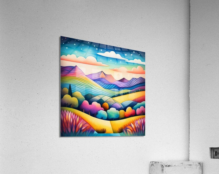 Rainbow landscape print with mountains, clouds, stars, and a colorful valley foreground