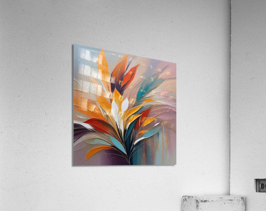 Abstract botanical wall art with orange, blue, and purple feather-like leaves on a wall