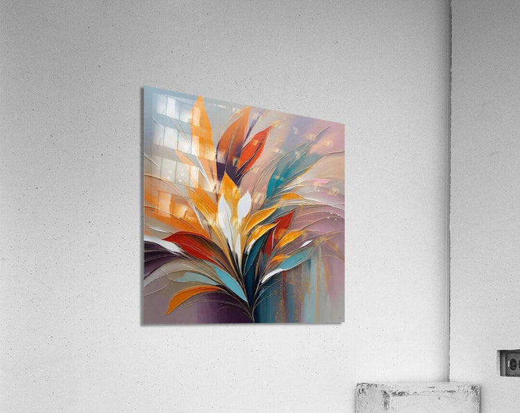 Abstract botanical wall art with orange, blue, and purple feather-like leaves on a wall