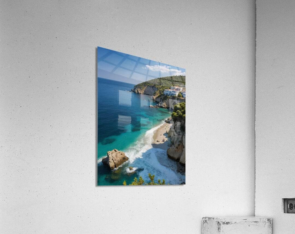 Small canvas print of turquoise bay, sandy shore, and hillside homes