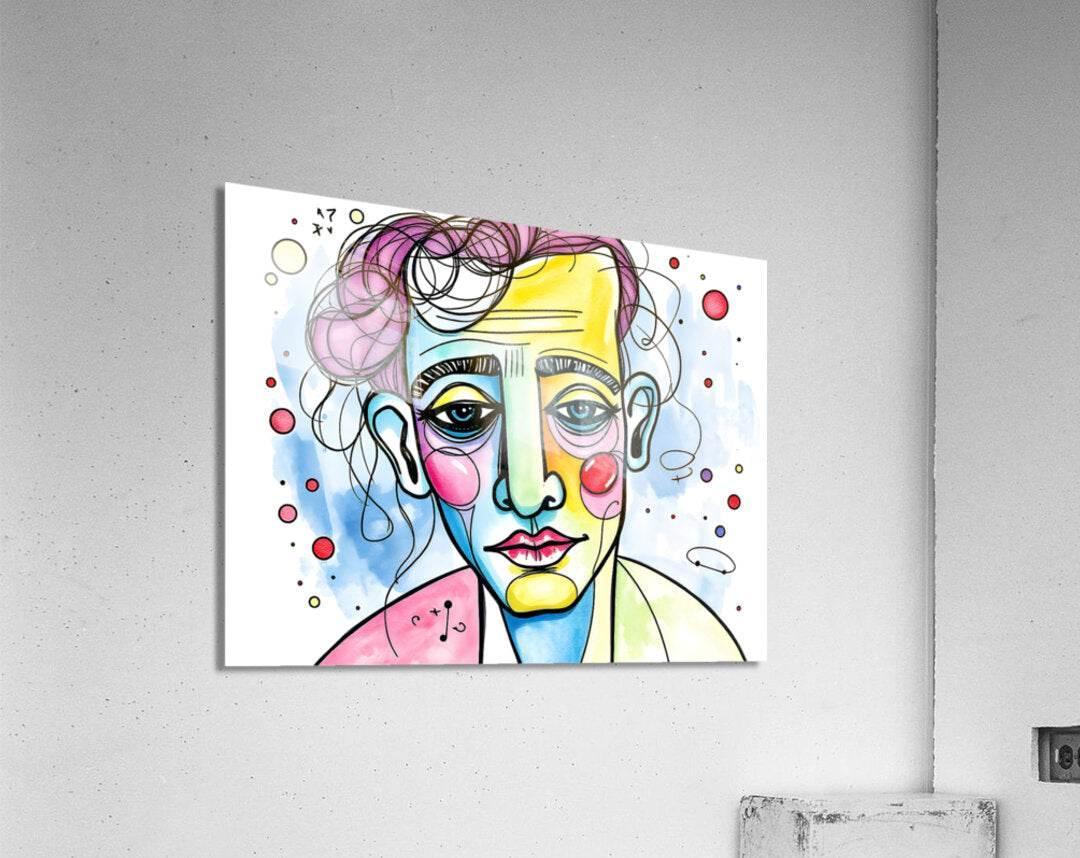 Framed abstract face portrait artwork with curly hair, bold eyes, and multicolor dots