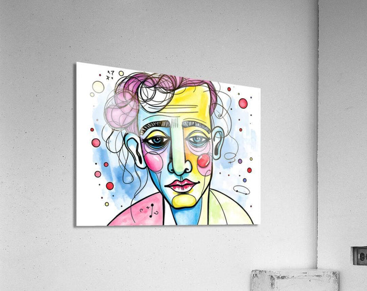 Framed abstract face portrait artwork with curly hair, bold eyes, and multicolor dots