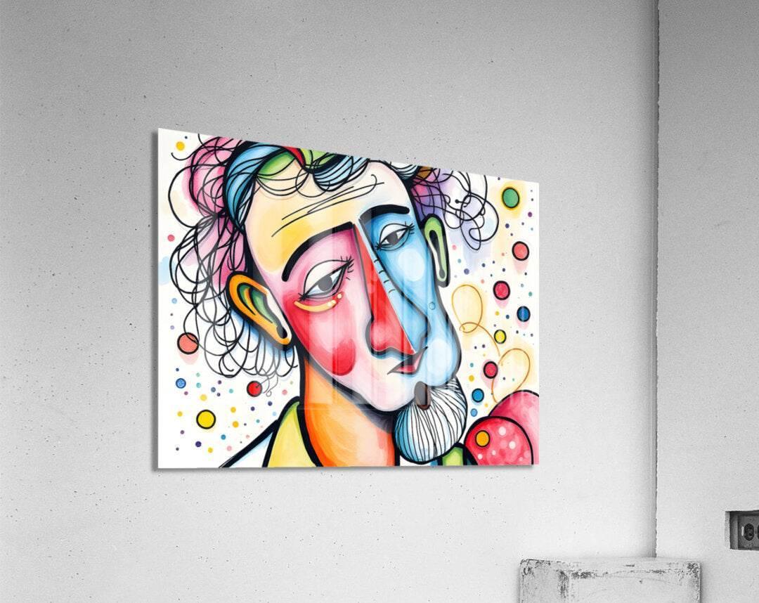 Abstract portrait artwork with two colorful faces, curly hair, and scattered dot accents