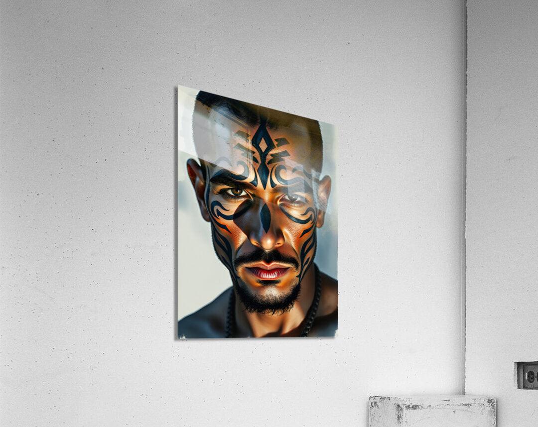 Tribal portrait canvas of a man with blue and orange face paint, head-and-shoulders view.
