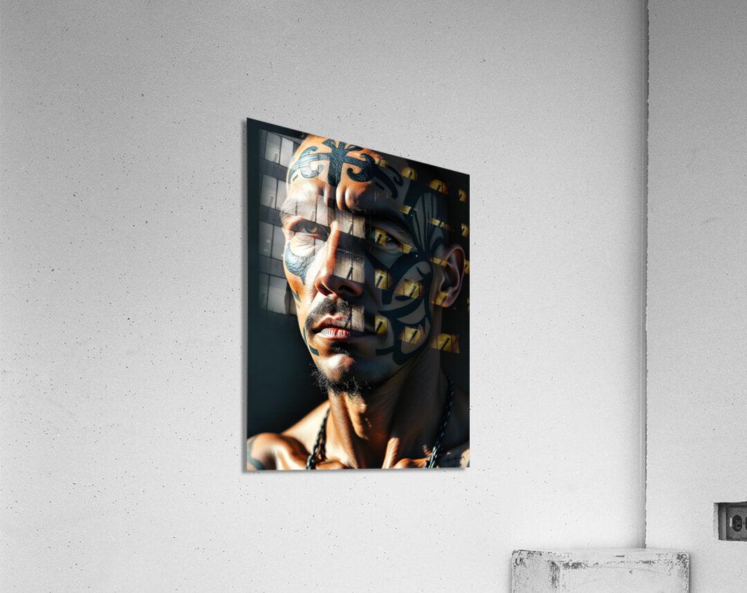 Tribal portrait wall art showing a man's face with blue and dark body paint, framed