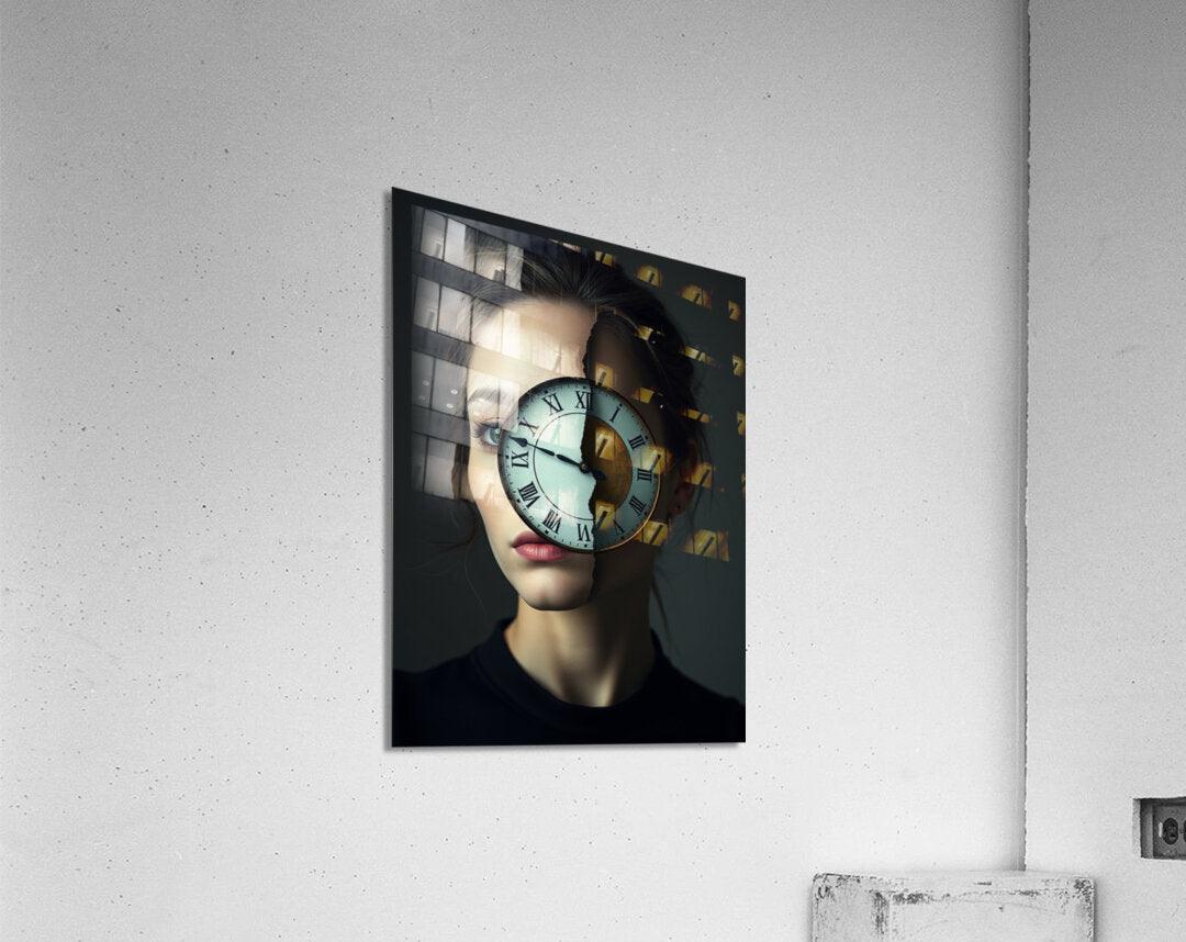 Framed surreal portrait wall art showing woman with clock covering part of her face.