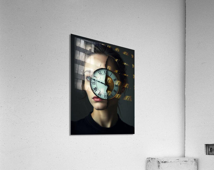 Framed surreal portrait wall art showing woman with clock covering part of her face.