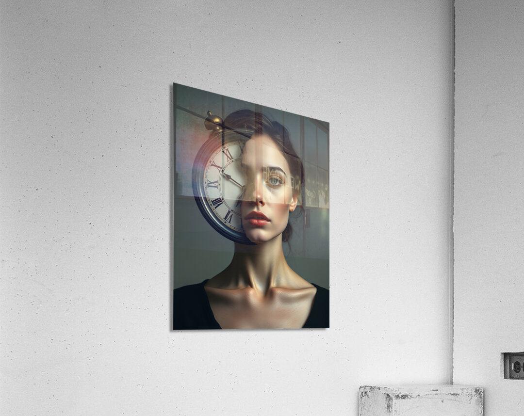 Portrait artwork of a woman with a clock face behind her head