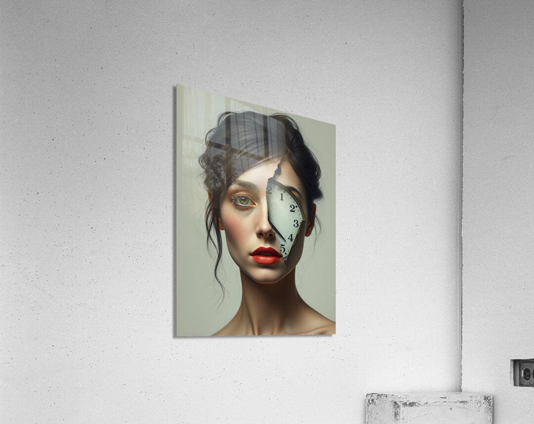 Contemporary portrait wall art featuring a woman with a clock graphic over one eye
