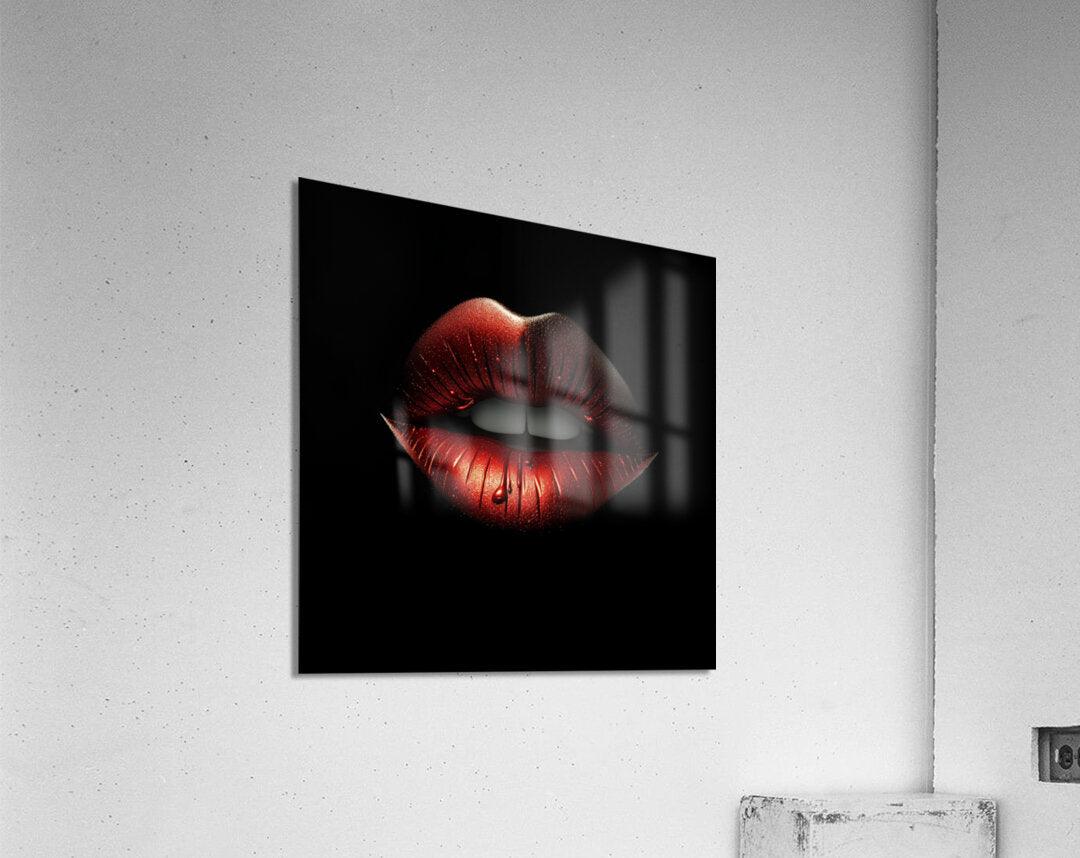 Square red metallic lips artwork in a dark frame on a light wall