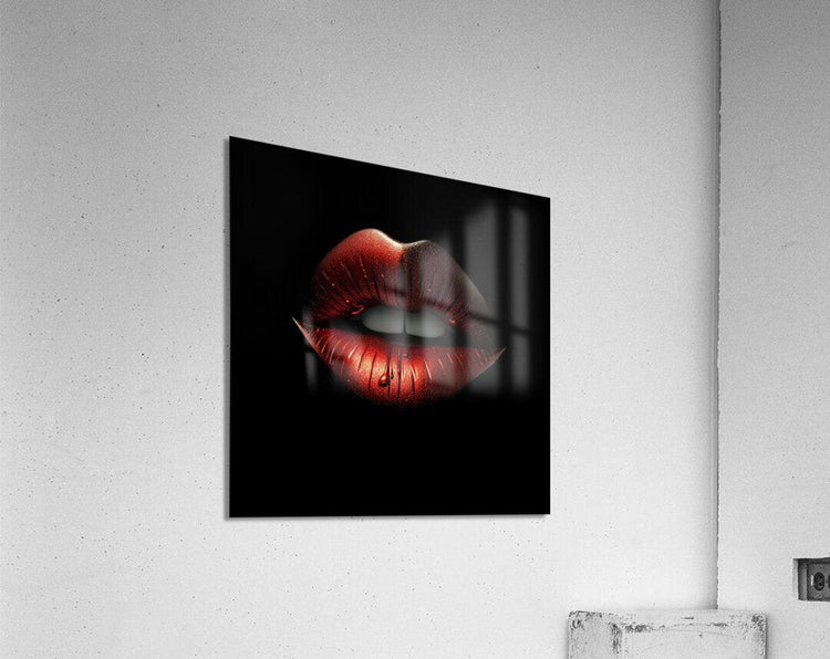Square red metallic lips artwork in a dark frame on a light wall