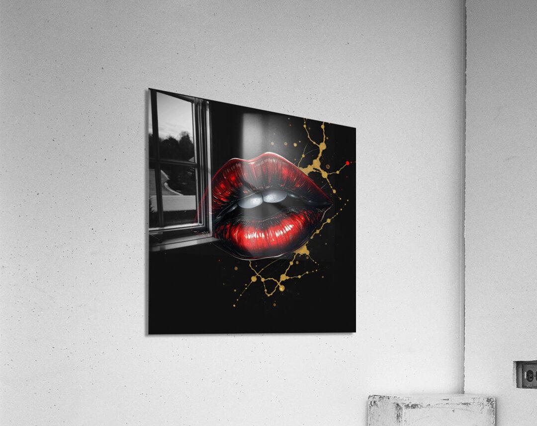 Square red and gold lips artwork on a black background with gold splatter lines