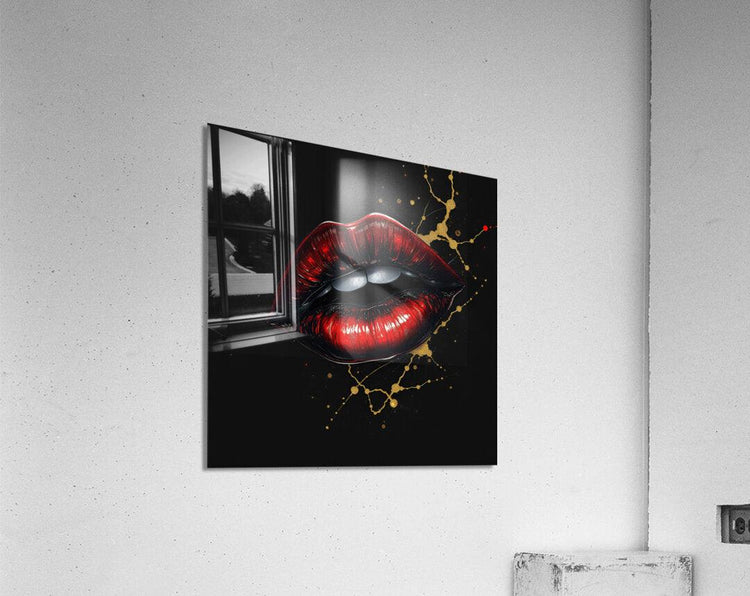 Square red and gold lips artwork on a black background with gold splatter lines
