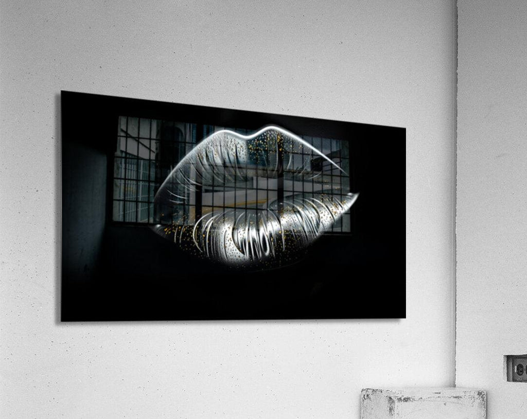 Lips wall art on black background with silver-toned lips and gold speckle