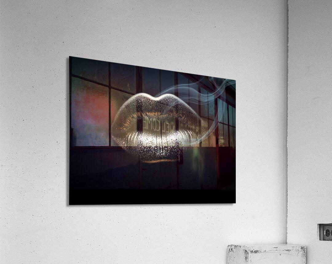 Metallic silver lips wall art with smoke curl, smaller canvas on wall