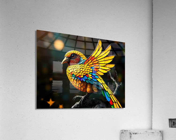Stained-glass style bird wall art with colorful mosaic wings on rectangular print