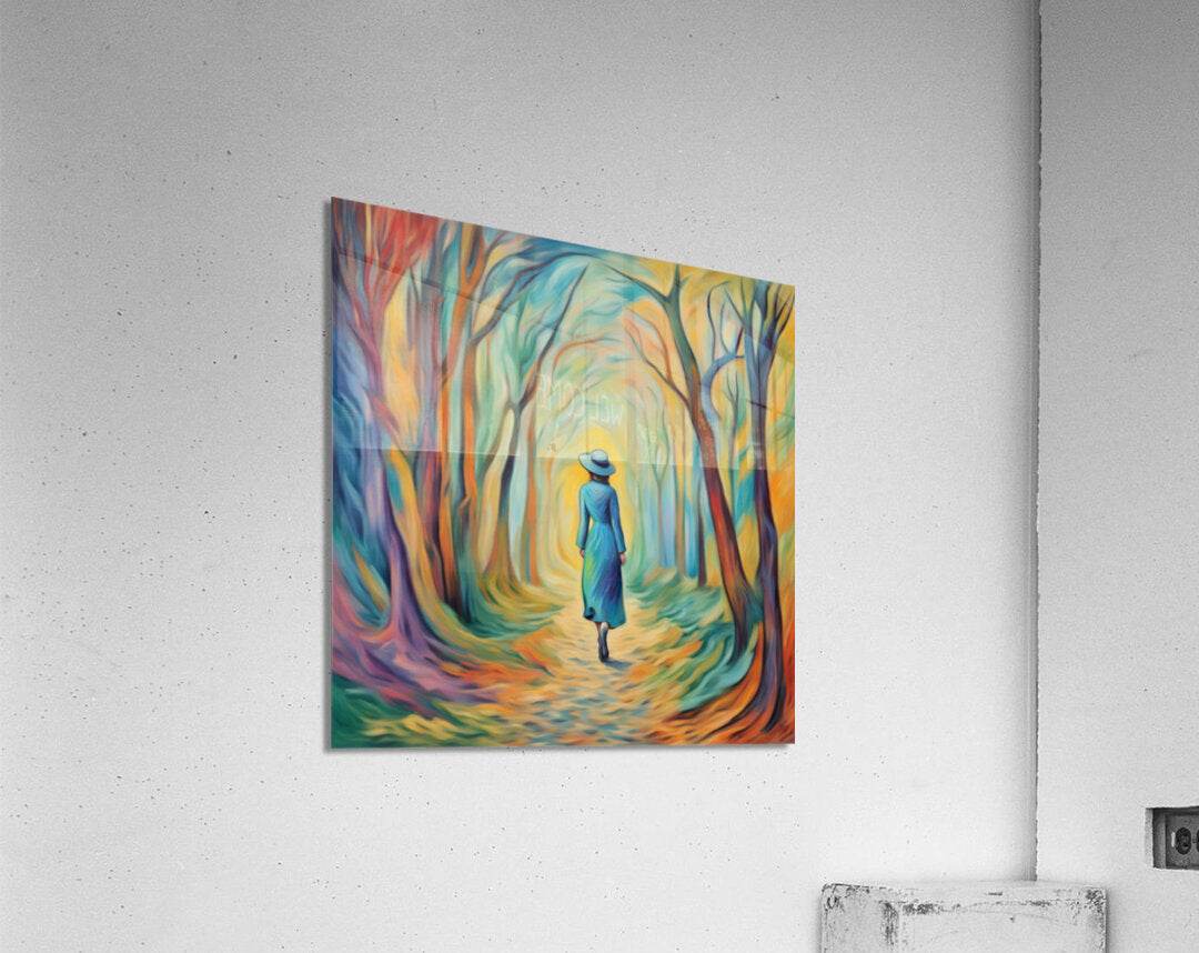 Square forest landscape print featuring a woman in blue dress and hat walking through trees