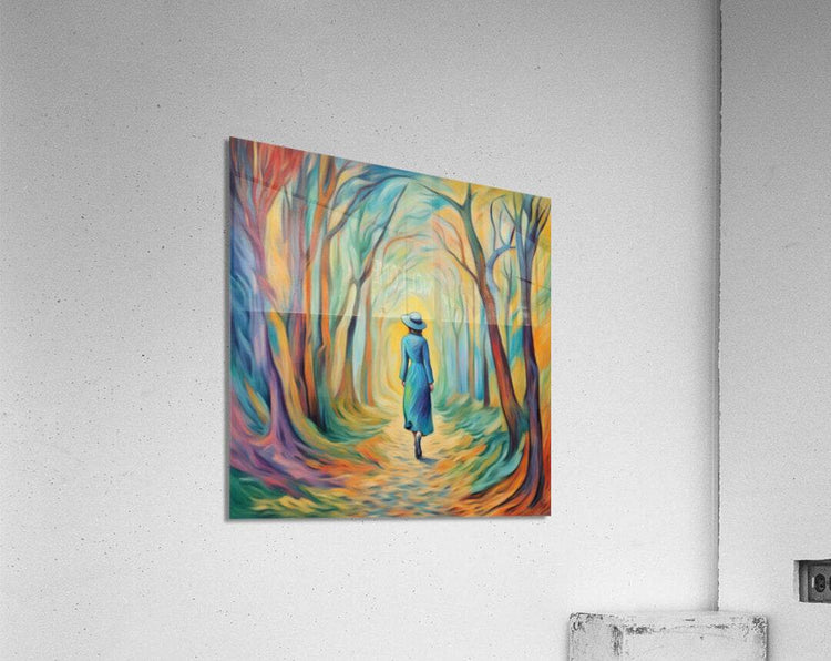 Square forest landscape print featuring a woman in blue dress and hat walking through trees
