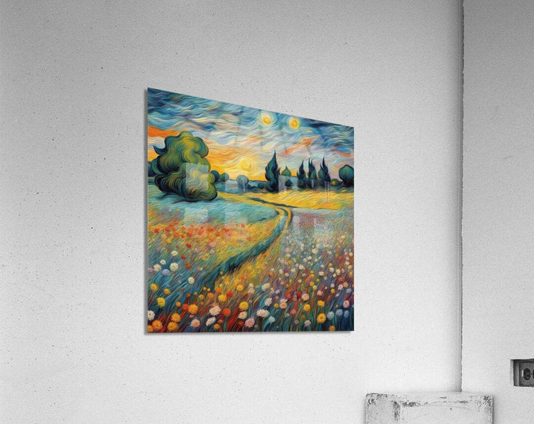 Landscape canvas wall art with a winding path and dense wildflower field under a sunset sky