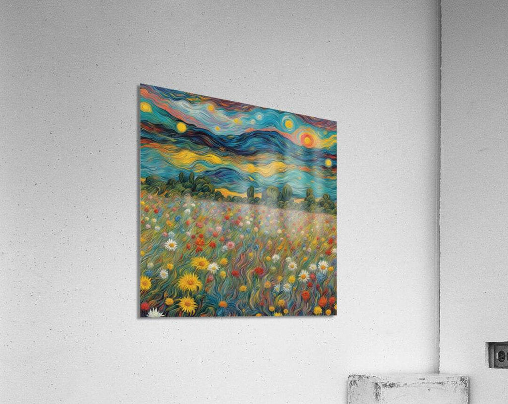 Square landscape canvas artwork with vivid swirled clouds, dark shrubs, and wildflowers