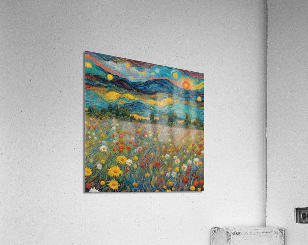 Square landscape canvas artwork with vivid swirled clouds, dark shrubs, and wildflowers