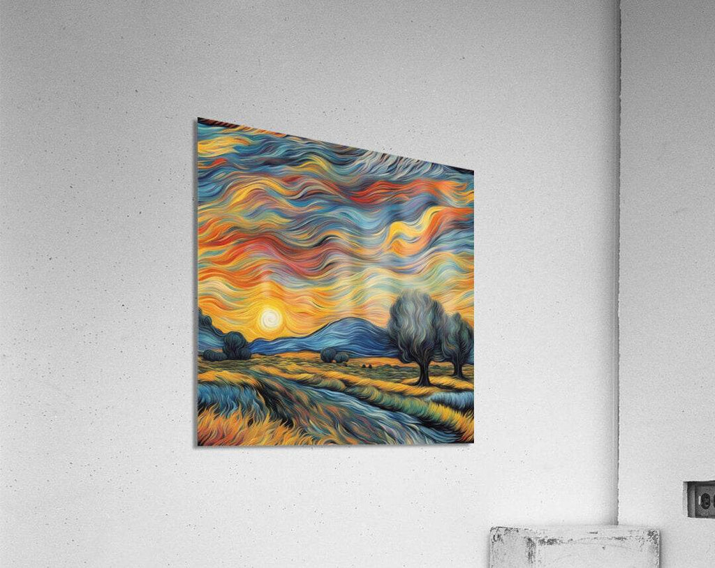 Landscape print with flowing multicolor sky, sun, and silhouetted tree