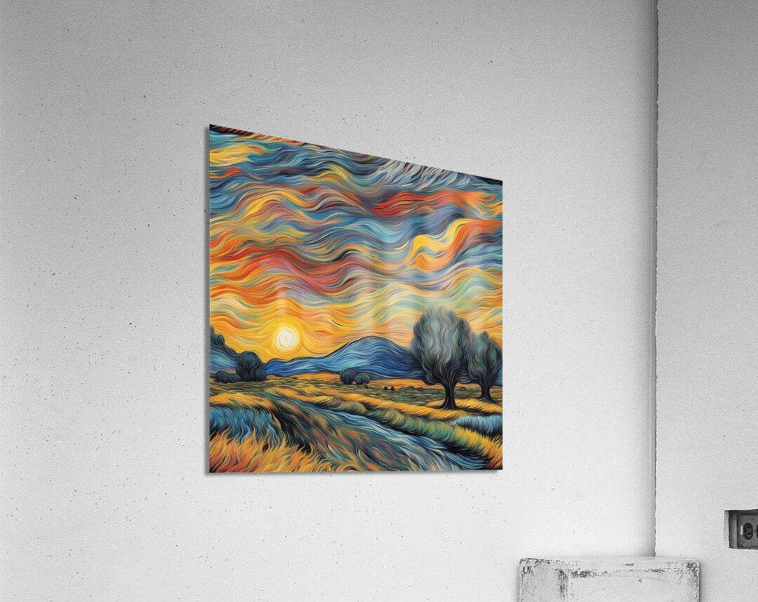 Landscape print with flowing multicolor sky, sun, and silhouetted tree