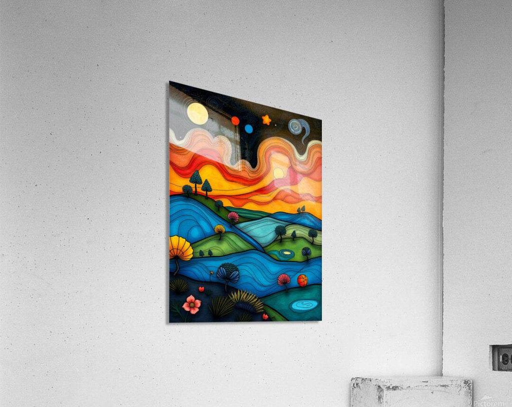 Small framed abstract landscape print with moon, stars, and layered blue and orange hills.