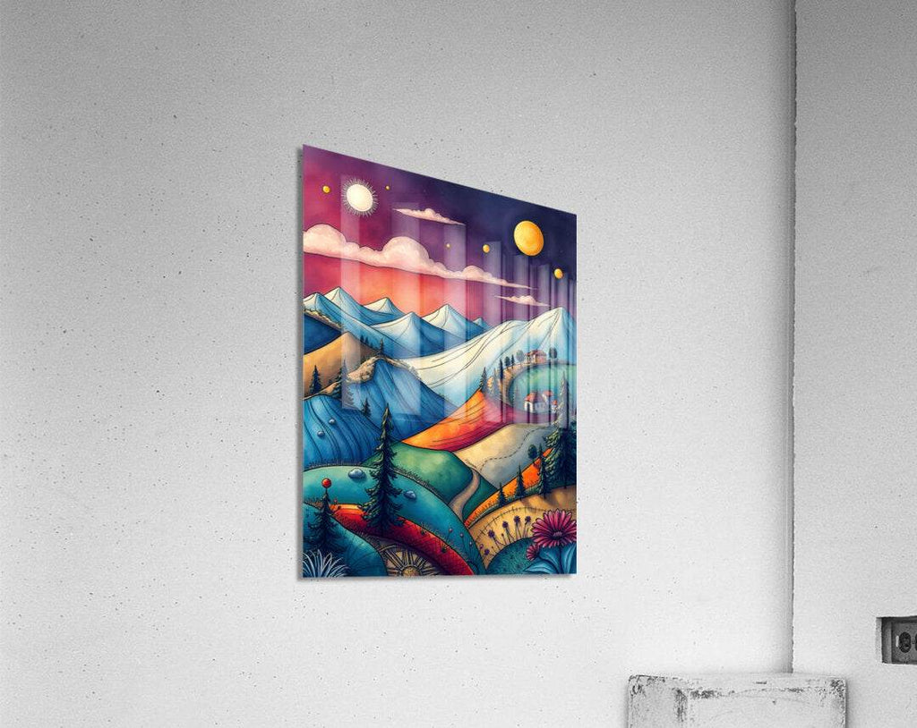 Framed abstract landscape wall art with blue mountains, purple clouds, and yellow moon