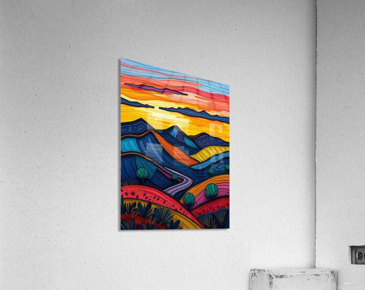 Small abstract landscape wall art with layered rainbow mountains and winding river.