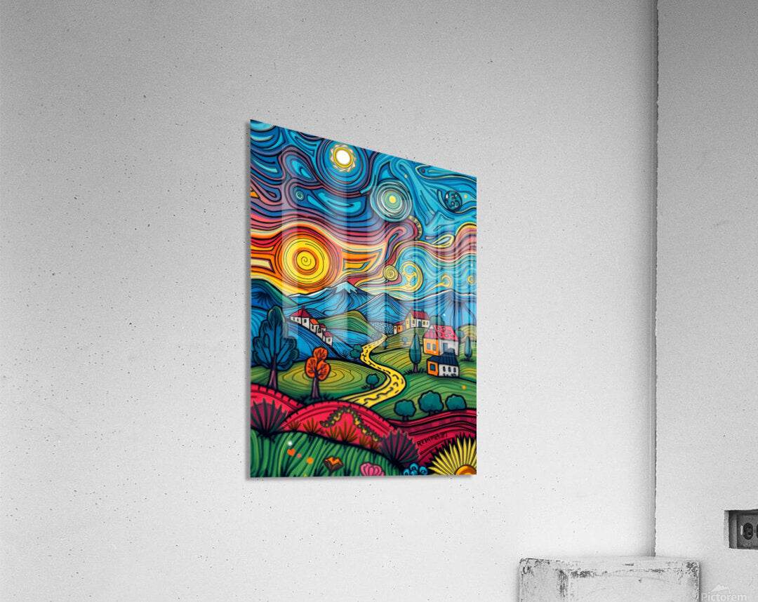 Abstract landscape small canvas artwork, winding road and village houses with swirling sky
