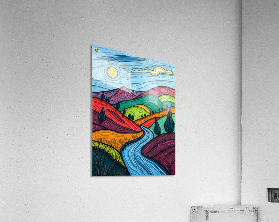 Abstract landscape print with textured blue sky, winding blue river, and neon green and red hills.