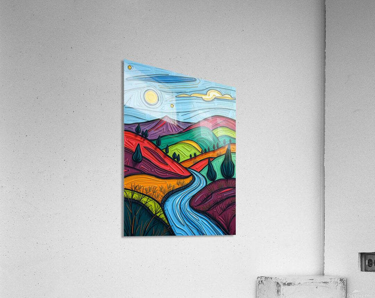 Abstract landscape print with textured blue sky, winding blue river, and neon green and red hills.