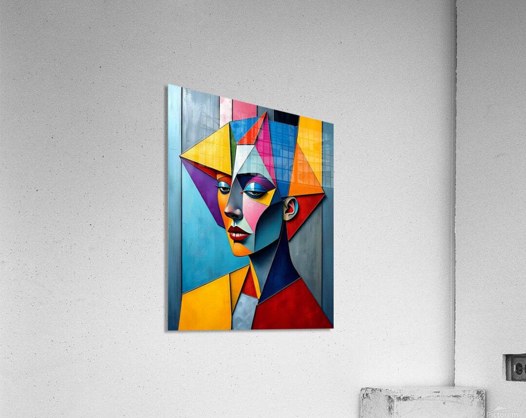 Geometric cubist portrait artwork, square canvas print with sharp triangular face shapes.
