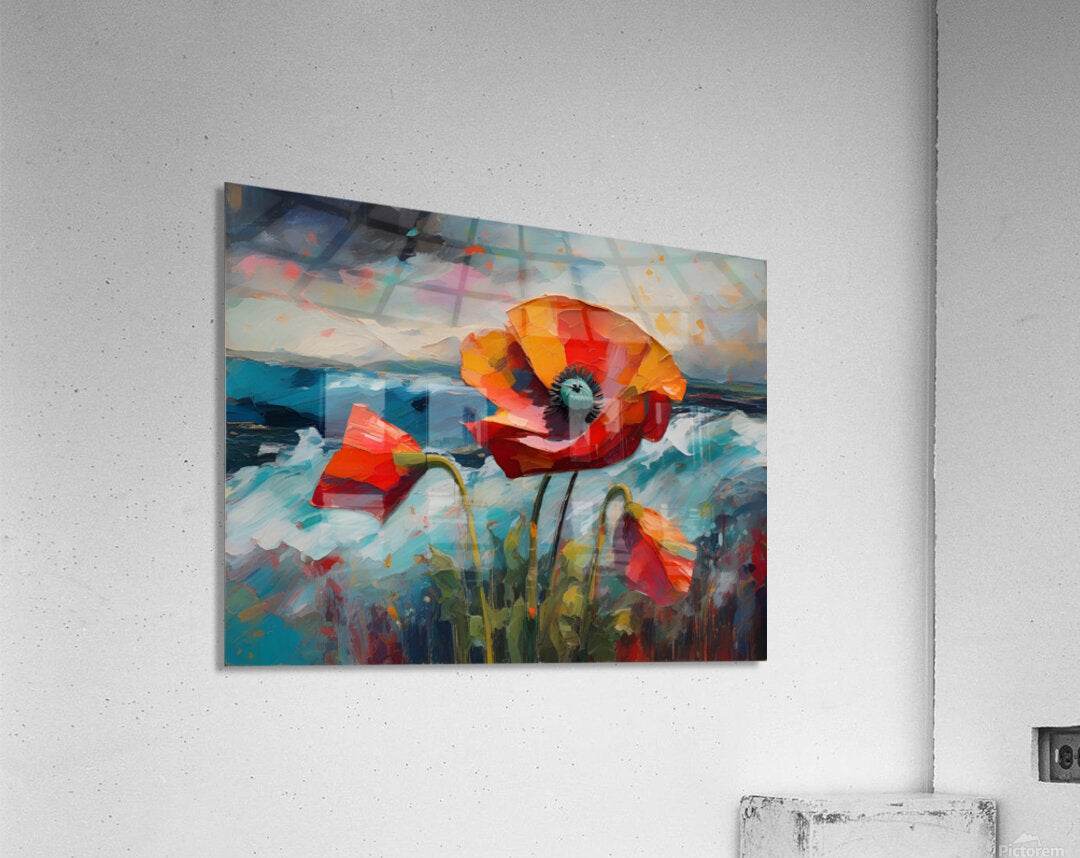 Canvas wall art print of two red-and-orange poppy flowers with green stems on a blue scene