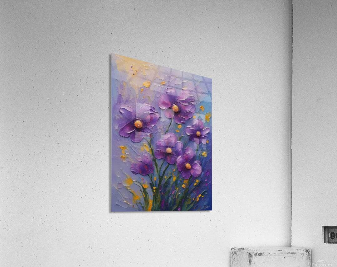 Purple floral canvas print with gold accents and 3D raised paint texture.