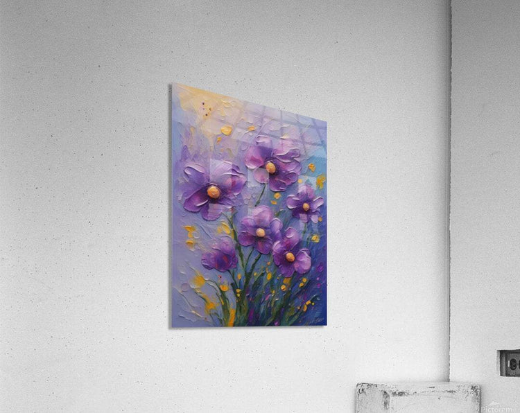 Purple floral canvas print with gold accents and 3D raised paint texture.