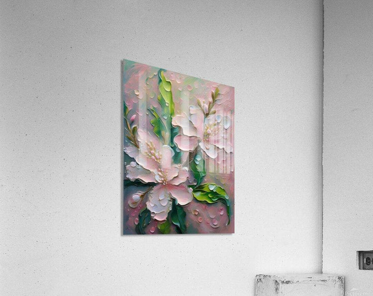 Small square textured floral wall art with pink flowers and green leaves, 3D raised texture