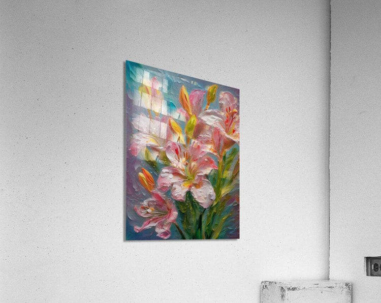Floral canvas print with pink, white, and yellow blossoms and green stems