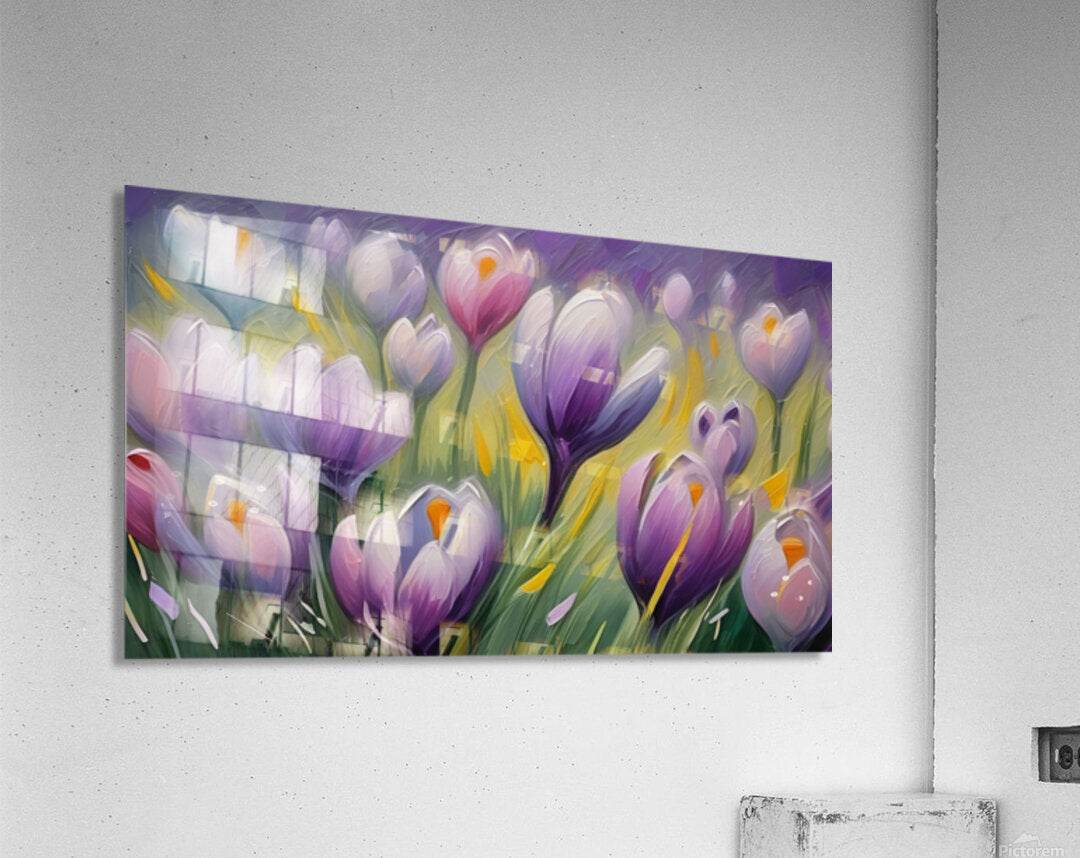 Stretched canvas tulip artwork with purple and white blossoms over green stems