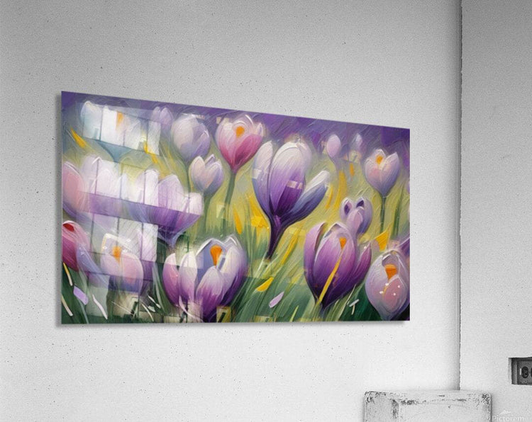Stretched canvas tulip artwork with purple and white blossoms over green stems