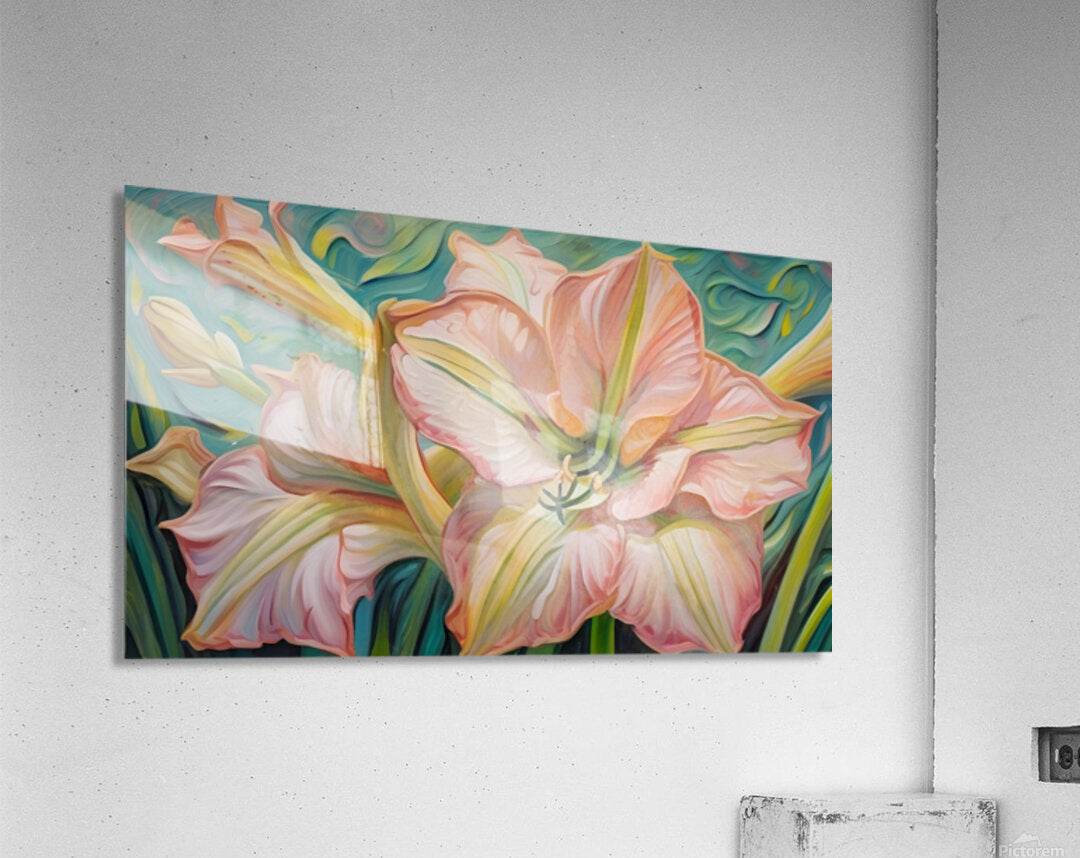 Floral canvas print of pink lily petals with yellow-green highlights on teal-green background