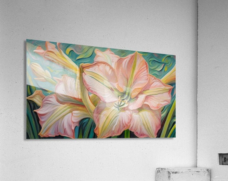 Floral canvas print of pink lily petals with yellow-green highlights on teal-green background