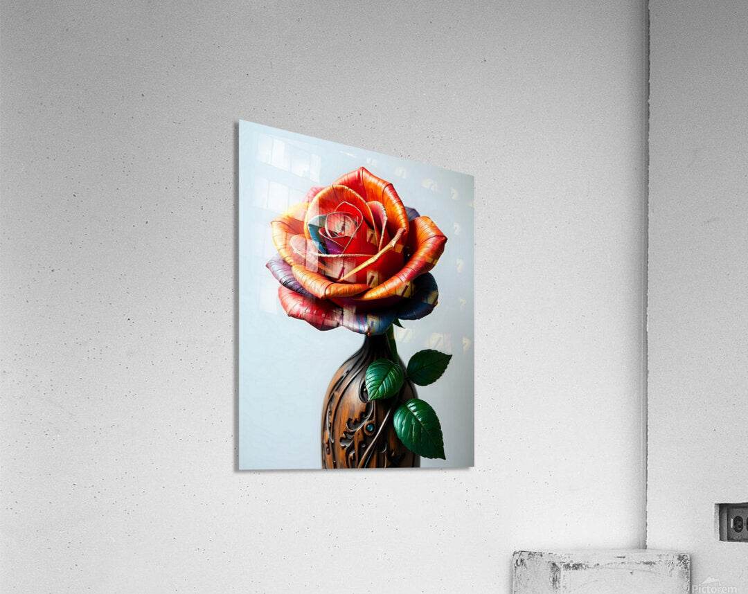 Rose wall art print showing a sculpted red-orange bloom with green leaves