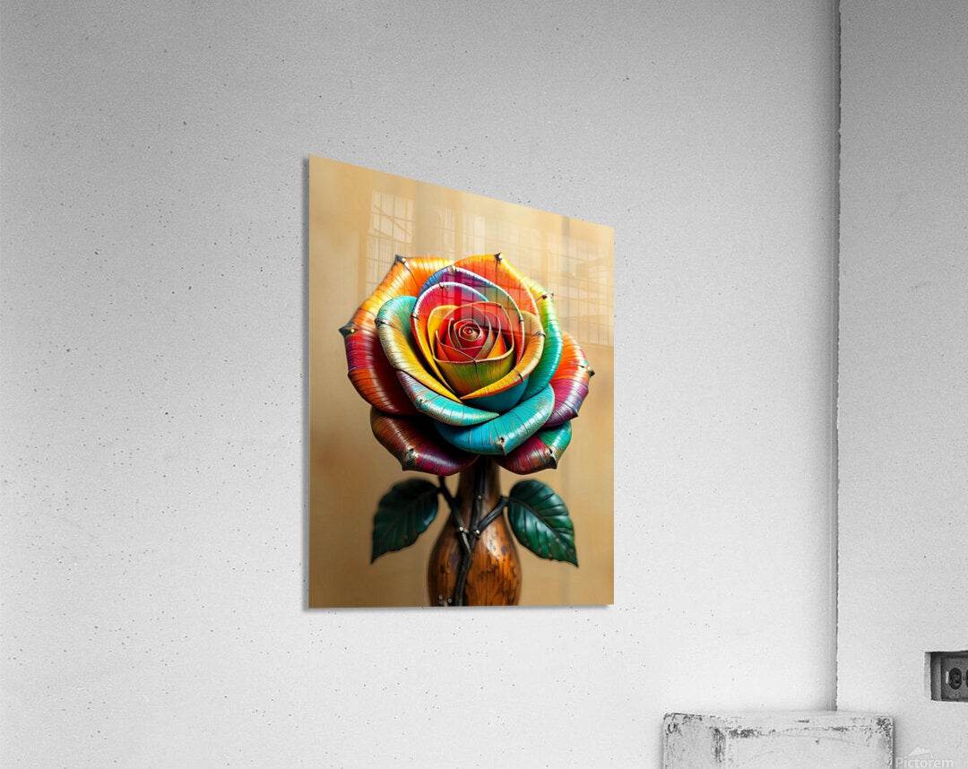 Framed metallic rainbow rose wall art print with layered petals and green leaves