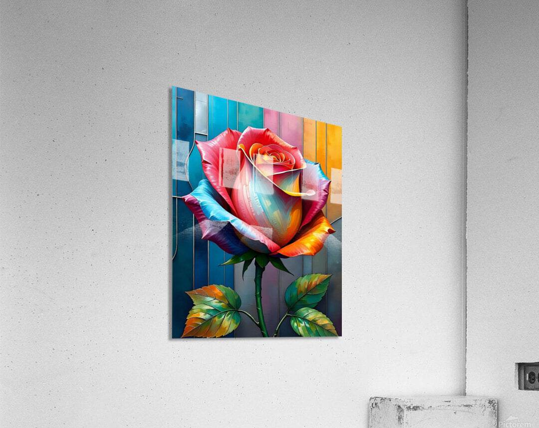 Colorful stained-glass rose artwork showing a blooming red and teal flower with green leaves