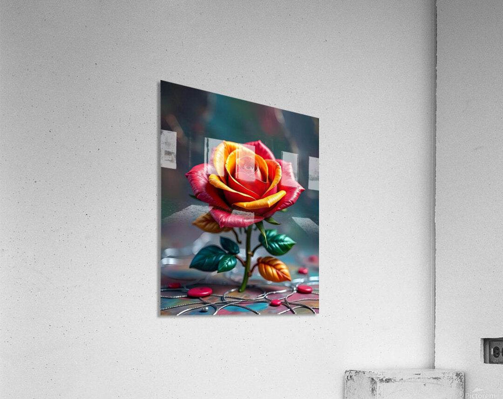 Rose wall art featuring a glossy red and yellow rose with green leaves
