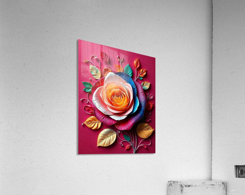 Square paper-quilled rose wall art with orange-yellow rose center and blue/pink leaves