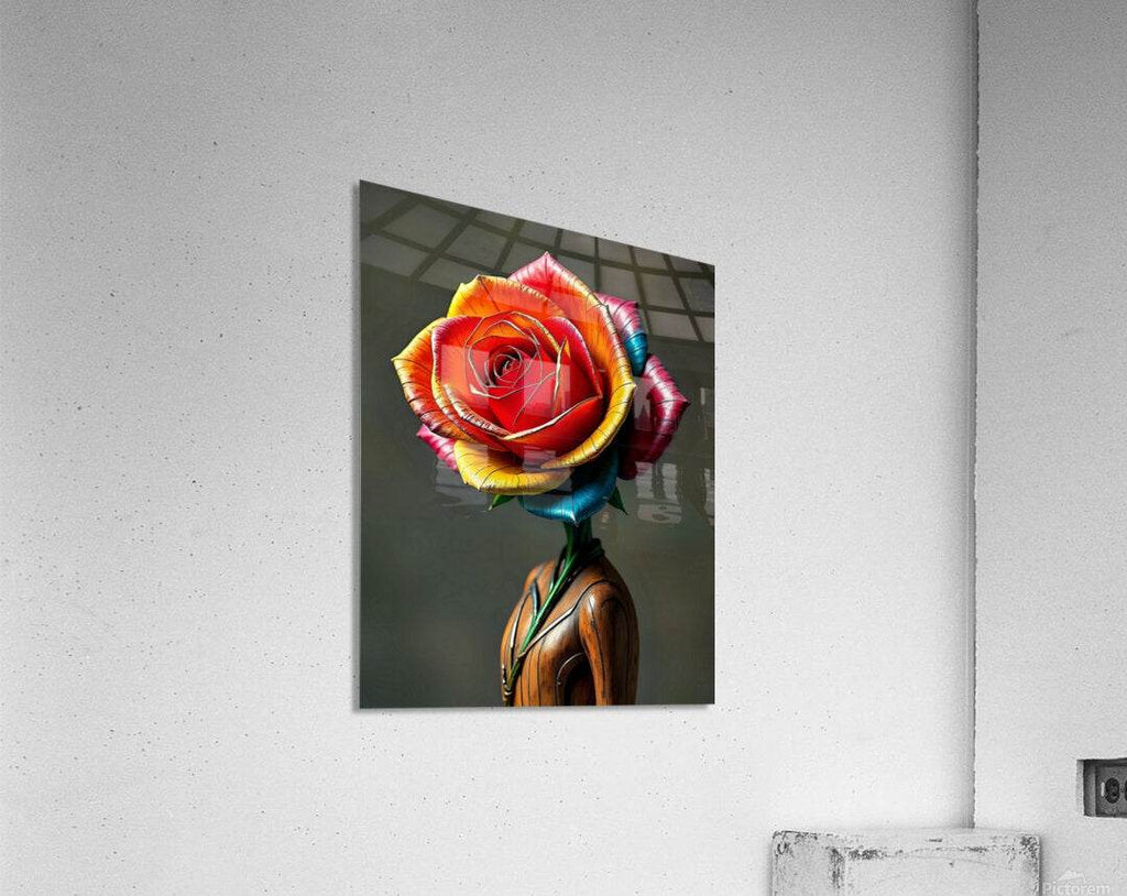 Square rose artwork print showing red metallic bloom with rainbow edges on dark background
